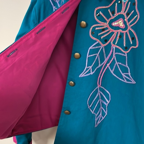 Alex Kim Floral & Applique Embroidered Jacket, PXL, deep turquoise, pink lining - Picture 8 of 12